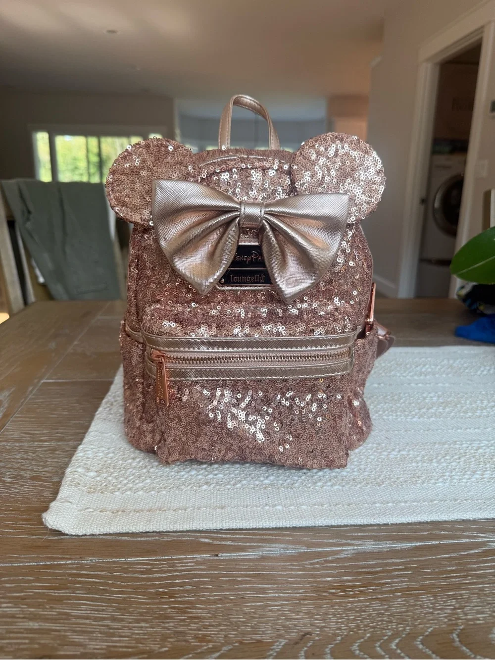 Loungefly Rose Gold Sequin Mini Backpack with Metallic Bow Ears